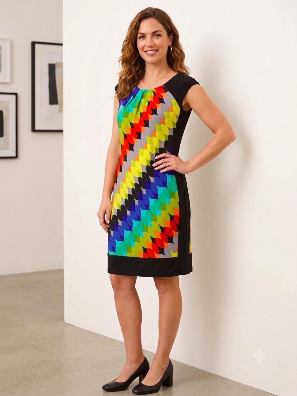 Black Dress with Vibrant Multicolor Geometric Panel Size 8